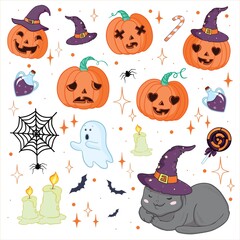 Set vector illustration of quirky fun retro Halloween trick or treat design elements, such as candy, pumpkins, cats, and more. Perfect for invitations, children's design and packaging.