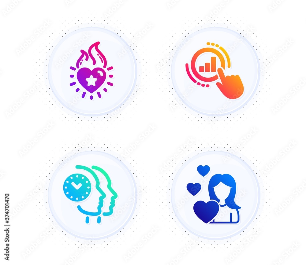 Poster graph chart, heart flame and time management icons simple set. button with halftone dots. love sign.