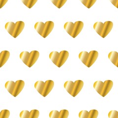 Gold glittering seamless pattern of hearts on white background.