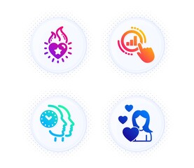 Graph chart, Heart flame and Time management icons simple set. Button with halftone dots. Love sign. Get report, Love fire, Teamwork clock. People set. Gradient flat graph chart icon. Vector