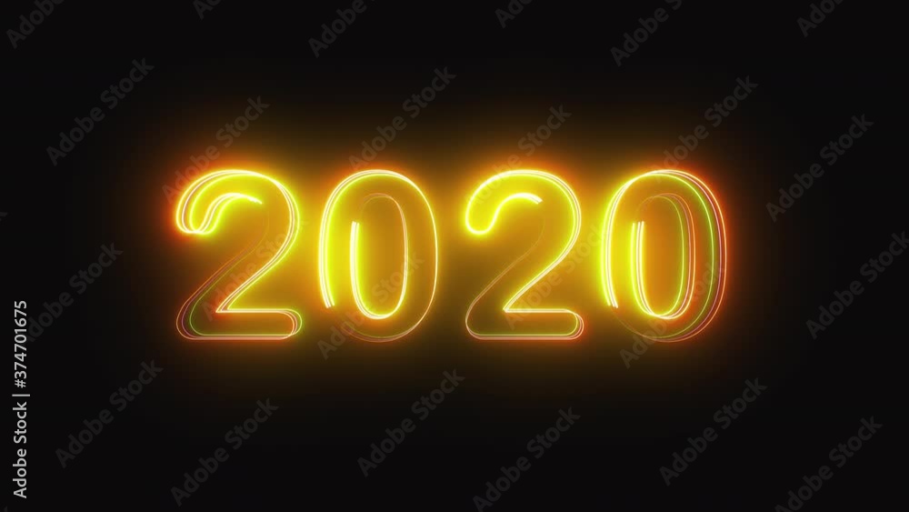 Poster 3d rendering background with multi-colored neon text 2020 on black. computer generated bright festiv