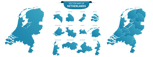 blue colored political maps of Netherlands isolated on white background - obrazy, fototapety, plakaty