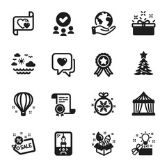 Set of Holidays icons, such as Travel sea, Creative idea. Certificate, approved group, save planet. Christmas ball, Love letter, Creativity. Heart, Christmas tree, Sale. Vector