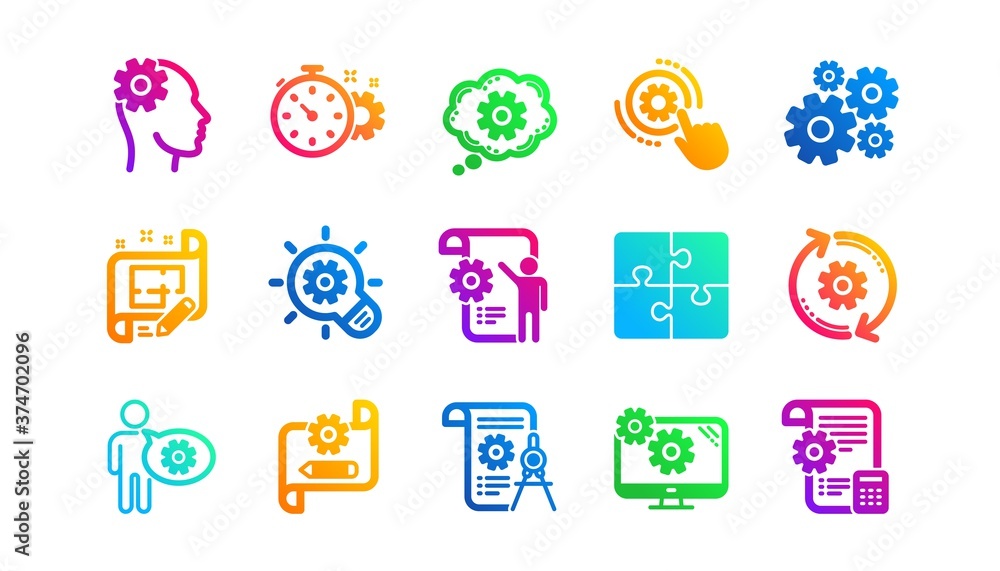 Poster puzzle, dividers tool and architect plan. engineering icons. engineer classic icon set. gradient pat