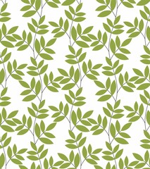 Seamless repeat pattern: green leafs on white background. Flat vector illustration