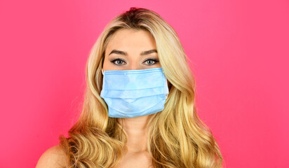 coronavirus pandemic outbreak. protect yourself from virus. pneumonia epidemic disease prevention. girl wear medical mask. health care and healthy lifestyle. woman in respirator mask. stay healthy