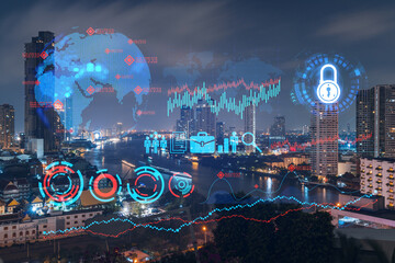 Night time cityscape of big city view background with Research and development theme drawing hologram. Data concept. Multiexposure