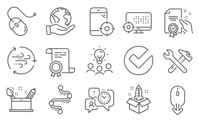 Set of Technology icons, such as Wind energy, Scroll down. Diploma, ideas, save planet. Verify, Certificate, Seo phone. Startup, Computer mouse, Time management. Vector