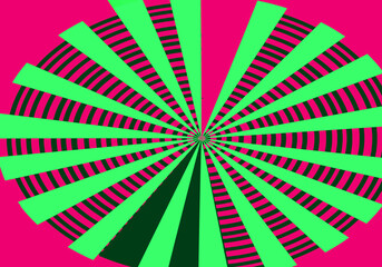 Estampado radial verde sobre espiral negra y fondo fucsia