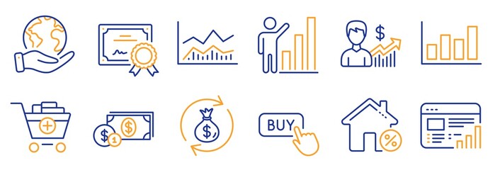 Set of Finance icons, such as Trade infochart, Money exchange. Certificate, save planet. Graph chart, Business growth, Add products. Loan house, Buy button, Web report. Vector