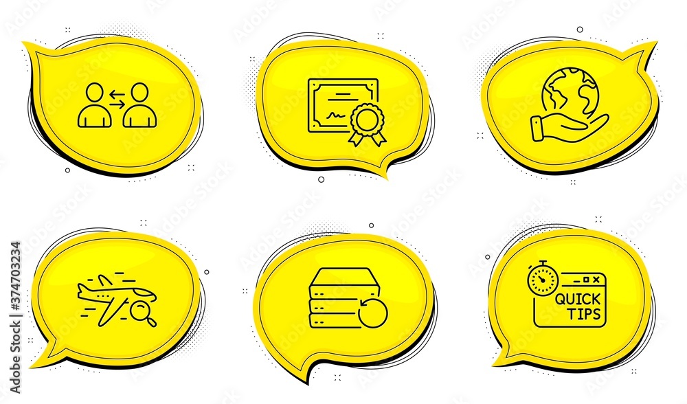Poster search flight sign. diploma certificate, save planet chat bubbles. communication, quick tips and rec