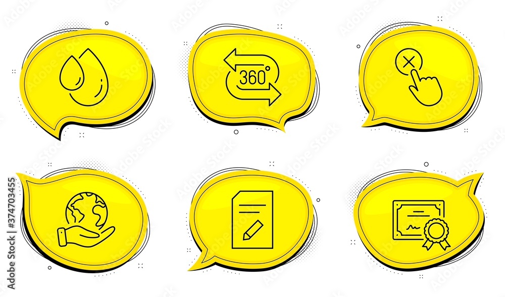 Poster edit document sign. diploma certificate, save planet chat bubbles. reject click, oil drop and 360 de