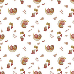 Seamless pattern with teddy bear sleeping on the moon and decorative New Year sweets. Christmas gingerbread and caramel, cup with foam and a gift on a white background. Watercolor