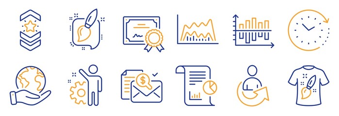 Set of Education icons, such as Painting brush, Trade chart. Certificate, save planet. Employee, Accounting report, T-shirt design. Shoulder strap, Diagram chart, Share. Vector