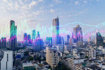 Fototapeta na wymiar Sunset cityscape of Bangkok city view background with forex graph. Success and finance concept. Multiexposure