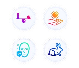 Balance, Uv protection and Sun protection icons simple set. Button with halftone dots. Animal tested sign. Concentration, Ultraviolet, Ultraviolet care. Bio product. Healthcare set. Vector