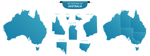 blue colored political maps of Australia isolated on white background © agrus