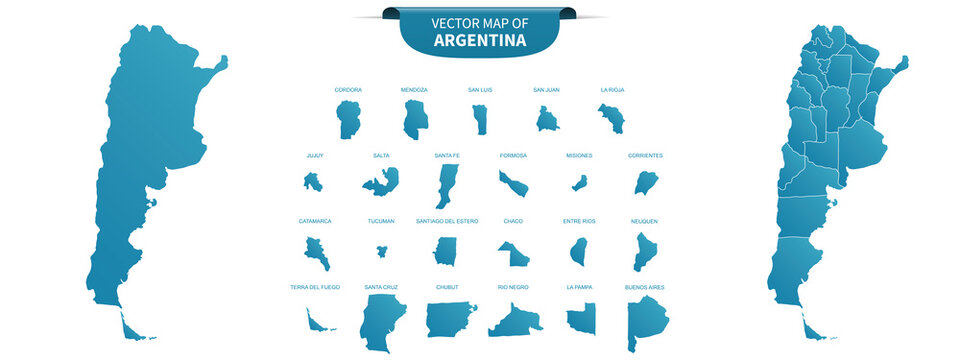 blue colored political maps of Argentina isolated on white background