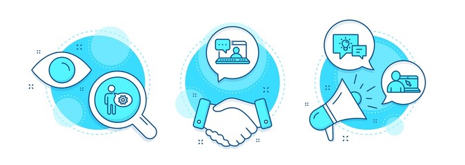 Cogwheel, Idea lamp and Friends chat line icons set. Handshake deal, research and promotion complex icons. Online education sign. Engineering tool, Business energy, Message. Internet lectures. Vector