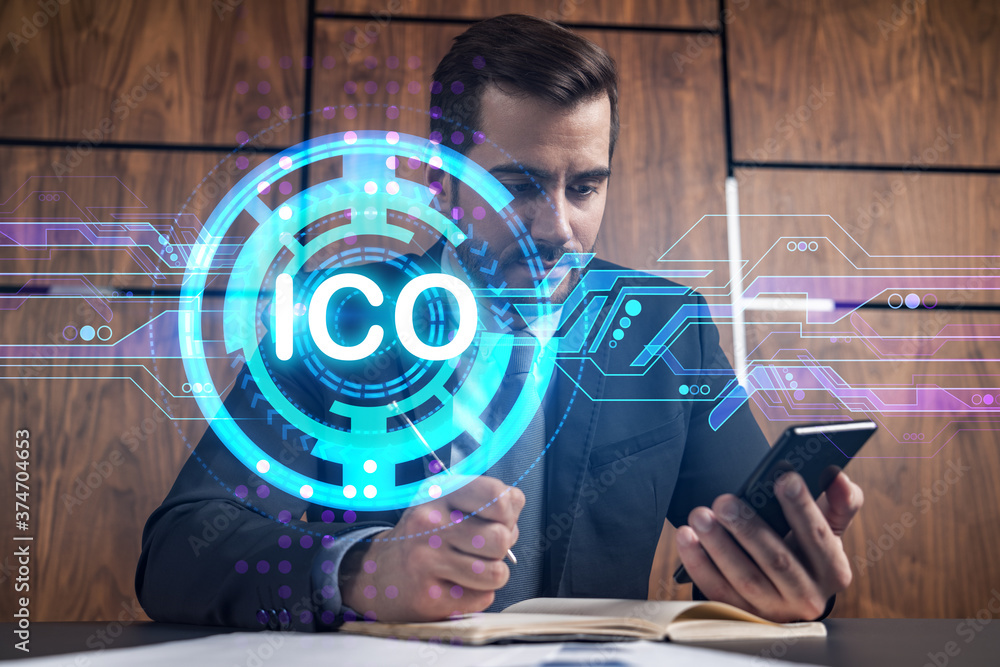 Poster a man in office taking notes using phone and ico blockchain theme hologram. multiexposure. formal we