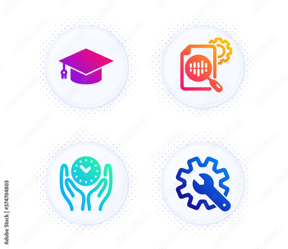 Poster seo stats, graduation cap and safe time icons simple set. button with halftone dots. customisation s