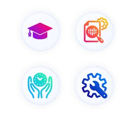 Seo stats, Graduation cap and Safe time icons simple set. Button with halftone dots. Customisation sign. Cogwheel, University, Management. Settings. Science set. Gradient flat seo stats icon. Vector