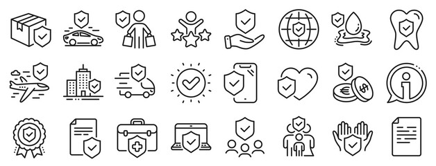 Health care, risk, help service. Insurance line icons. Car accident, flood insurance, flight protection icons. Safety document, money savings, delivery risk. Car full coverage. Vector