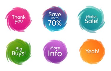 Swirl motion circles. Winter sale, 70% discount and more info. Thank you phrase. Sale shopping text. Twisting bubbles with phrases. Spiral texting boxes. Big buys slogan. Vector