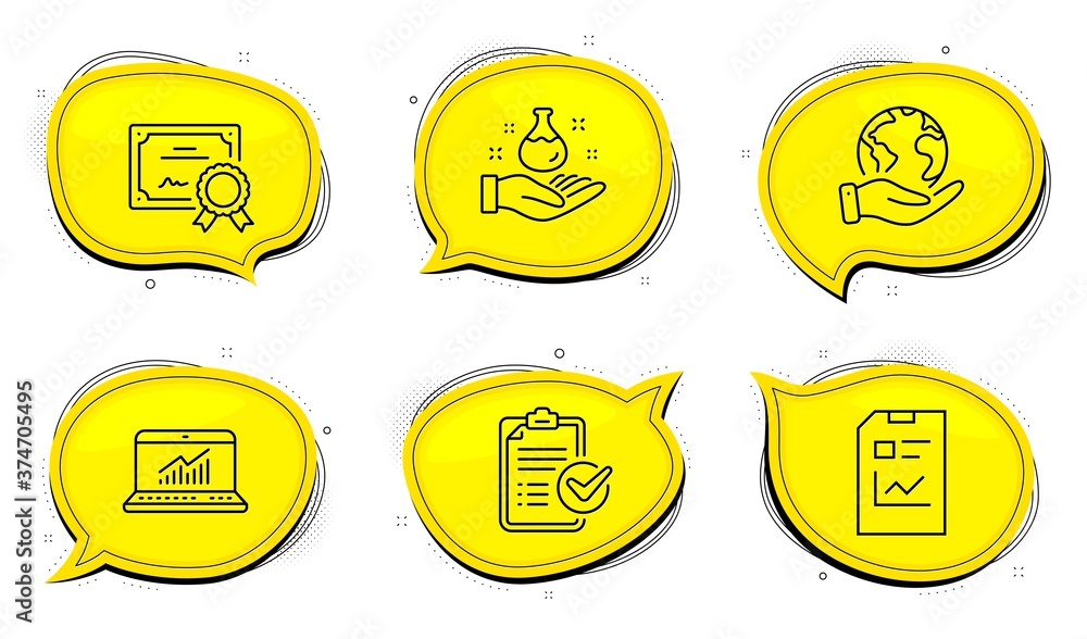 Poster survey checklist sign. diploma certificate, save planet chat bubbles. chemistry lab, online statisti