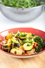 Zucchini Salad in dish on table. Fresh summer salad.