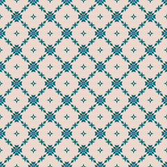 Floral grid seamless pattern. Abstract geometric texture. Simple vector teal and beige ornament with floral shapes, rhombuses, stars, grid, net, mesh, lattice. Repeat design for wallpapers, fabric