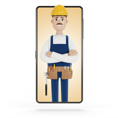 Smartphone screen with wizard. Husband for an hour. Electrician, plumber, carpenter, calling the foreman to work. 3D illustration in cartoon style.