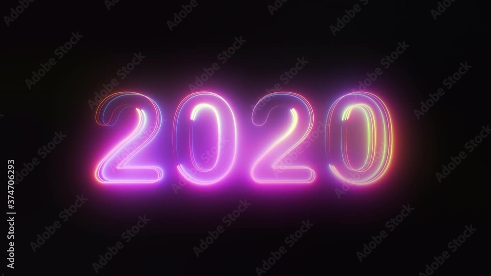 Poster 3d rendering background with multi-colored neon text 2020 on black. computer generated bright festiv