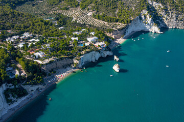 aerial drone view baia delle zagare hotel beach gargano puglia italy