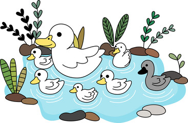 The ugly duckling is floating on the water with mommy and the five little ducks - obrazy, fototapety, plakaty