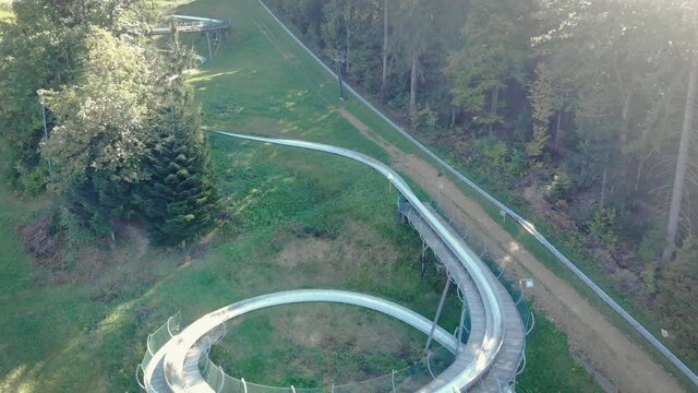 Aerial pov over Bob kart tourist location. Celjska Koca, Slovenia