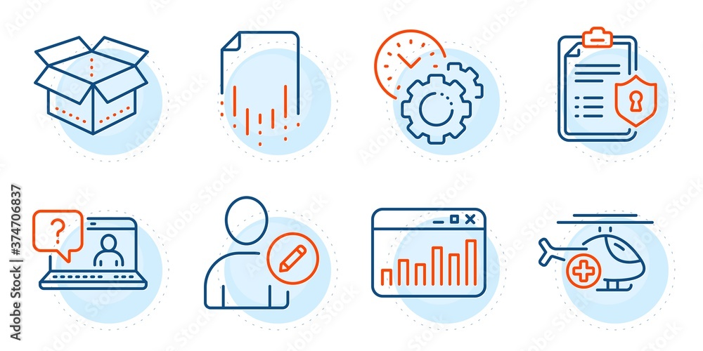 Poster time management, faq and open box signs. edit user, recovery file and medical helicopter line icons 