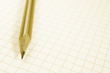 Light background on a school theme with place for text. Wooden pencil lies on a squared notebook...