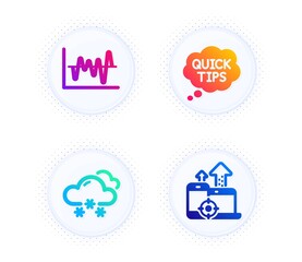 Quick tips, Snow weather and Stock analysis icons simple set. Button with halftone dots. Seo devices sign. Helpful tricks, Snowflake, Business trade. Mobile stats. Science set. Vector