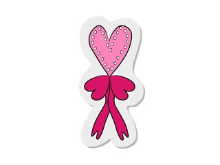 Fototapeta na wymiar Sticker of tattoo pink balloon heart with ribbons in modern style. Hand drawing vector illustration color