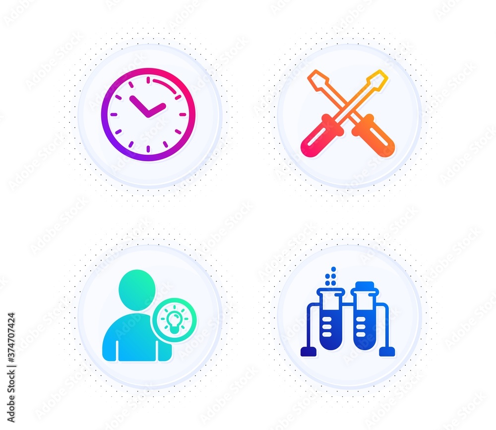 Poster screwdriverl, user idea and time icons simple set. button with halftone dots. chemistry beaker sign.
