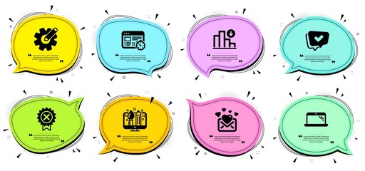 Love mail, Cogwheel and Creative design signs. Chat bubbles with quotes. Decreasing graph, Reject medal and Web timer line icons set. Approved, Laptop symbols. Crisis chart, Award rejection. Vector