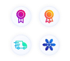 Truck delivery, Success and Reward icons simple set. Button with halftone dots. Snowflake sign. Express service, Award reward, Best medal. Air conditioning. Business set. Vector