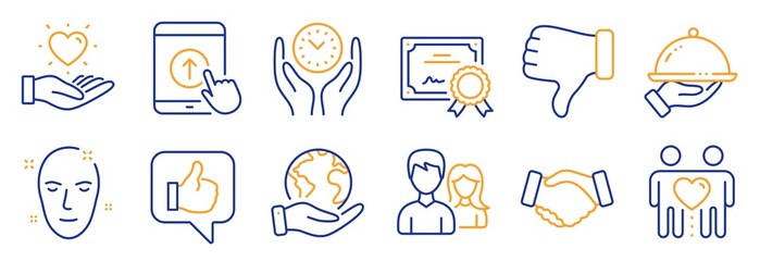 Set of People icons, such as Dislike hand, Hold heart. Certificate, save planet. Like, Swipe up, Handshake. Health skin, Safe time, Friends couple. Restaurant food, Teamwork line icons. Vector