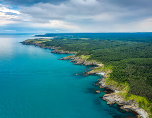 Fototapeta na wymiar Aerial panoramic view of the wild beaches, surrounded by rocks and green dense forests on the southern Black Sea coast, Bulgaria