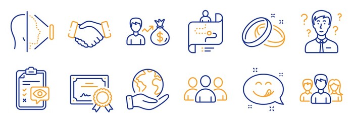 Fototapeta premium Set of People icons, such as Group, Face id. Certificate, save planet. Journey path, Sallary, Handshake. Support consultant, Teamwork, Eye checklist. Yummy smile, Wedding rings line icons. Vector