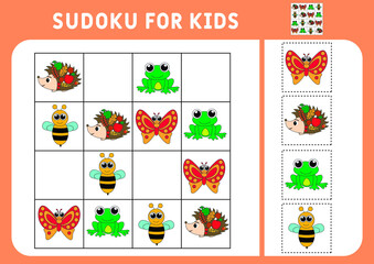 Sudoku for kids. Education development worksheet. Activity page with pictures. A puzzle game for children. Set animals. Isolated vector illustrations. Logic training