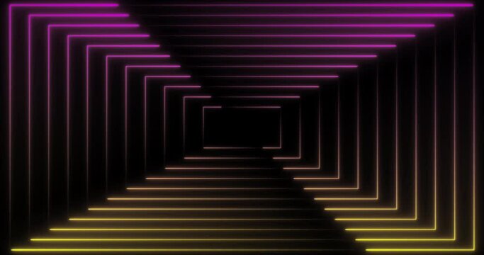 Static Abstract 80s rectangles tunnel frames with Light Lines Moving. Digital background futuristic tunnel with neon lights. 3d Animation Art Concept. Seamless loop cycle. 4K DCI Prores 4096x2160