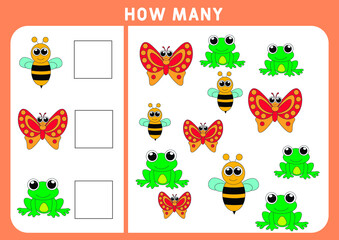 Fototapeta premium Counting Game for Preschool Children. Educational a mathematical game. Subtraction worksheets. How many objects task. Learning mathematics, numbers, addition theme