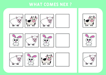 What comes next with cute  animals. Vector illustration of a lamb, bull and rabbit. Educational logic game for children. Continue the sequence. Activity page for preschoolers.